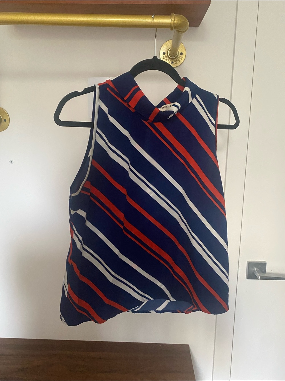 Monteau Navy Sleeveless Diagonal Stripe Top with Red & White